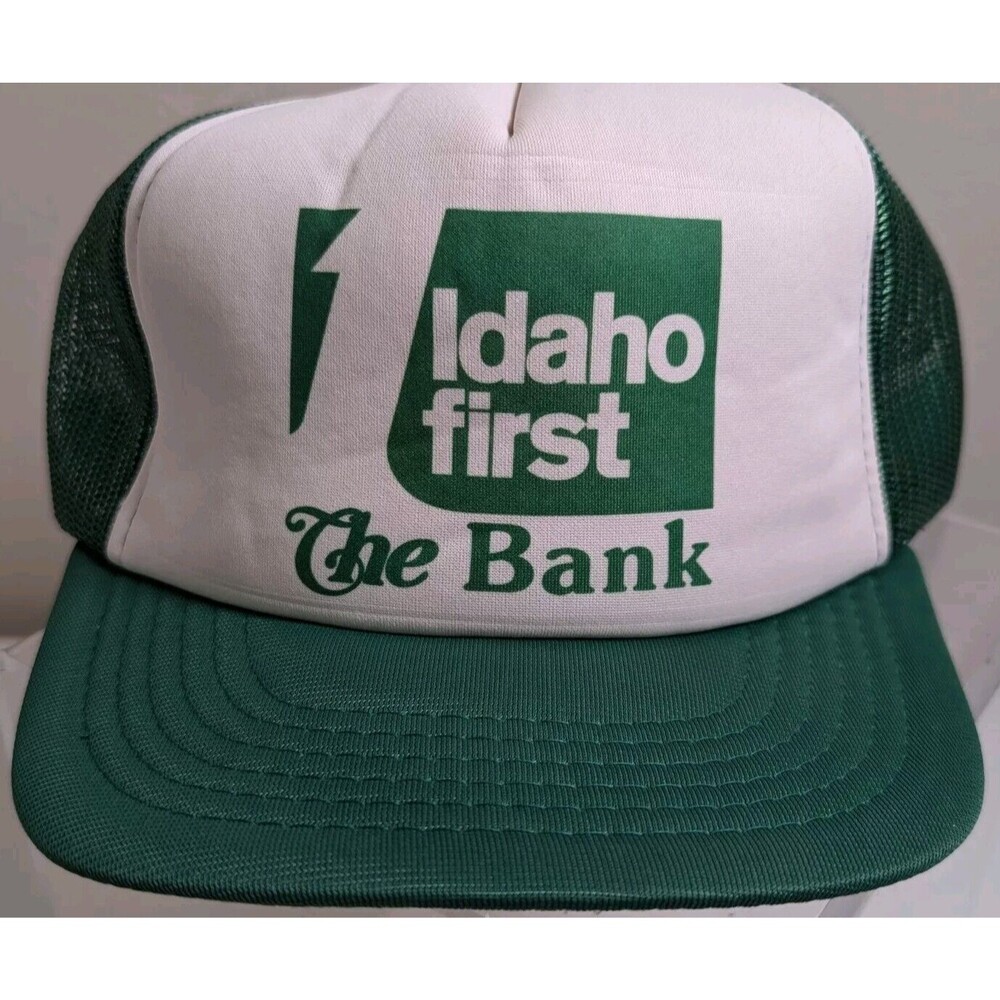 Vintage Idaho First The Bank Mesh Snapback Trucker Hat Sport Cap Green White